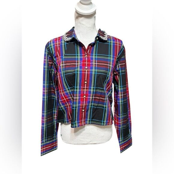 J.Crew Collection embellished cropped button-up shirt Stewart tartan cotton 8 - Picture 2 of 7